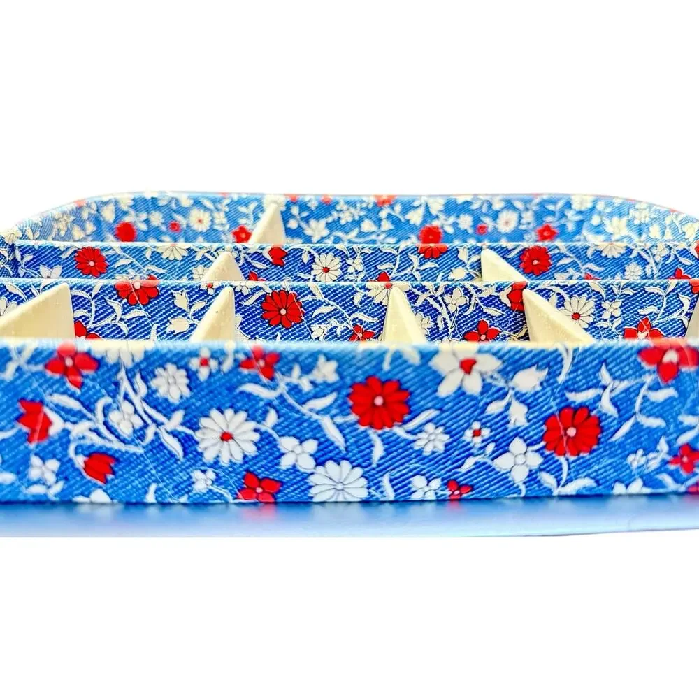 Vintage Floral Fabric Jewelry Organizer Tray Blue Red Vanity Storage Display Box